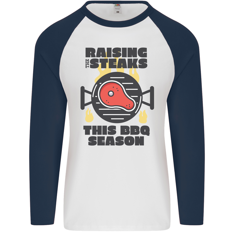 Raising the Steaks Funny BBQ Grill Mens L/S Baseball T-Shirt White/Navy Blue