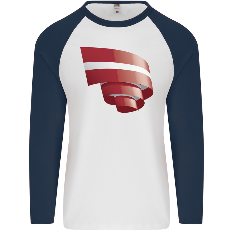Curled Latvia Flag Latvian Day Football Mens L/S Baseball T-Shirt White/Navy Blue