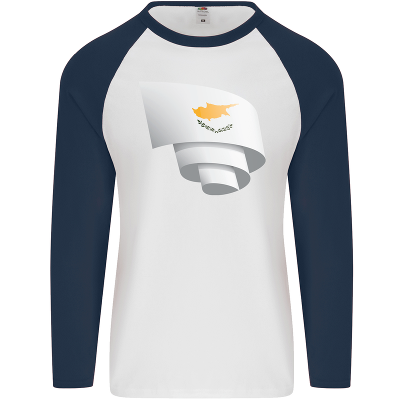Curled Cyprus Flag Cypriot Day Football Mens L/S Baseball T-Shirt White/Navy Blue