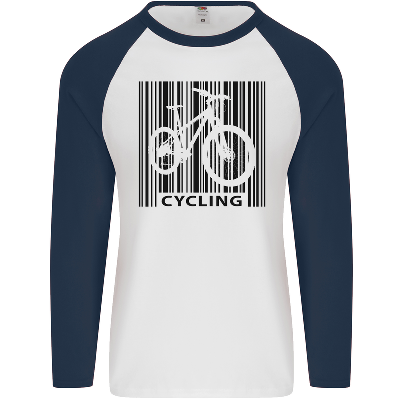 Cycling Barcode Cyclist Bicycle Mens L/S Baseball T-Shirt White/Navy Blue