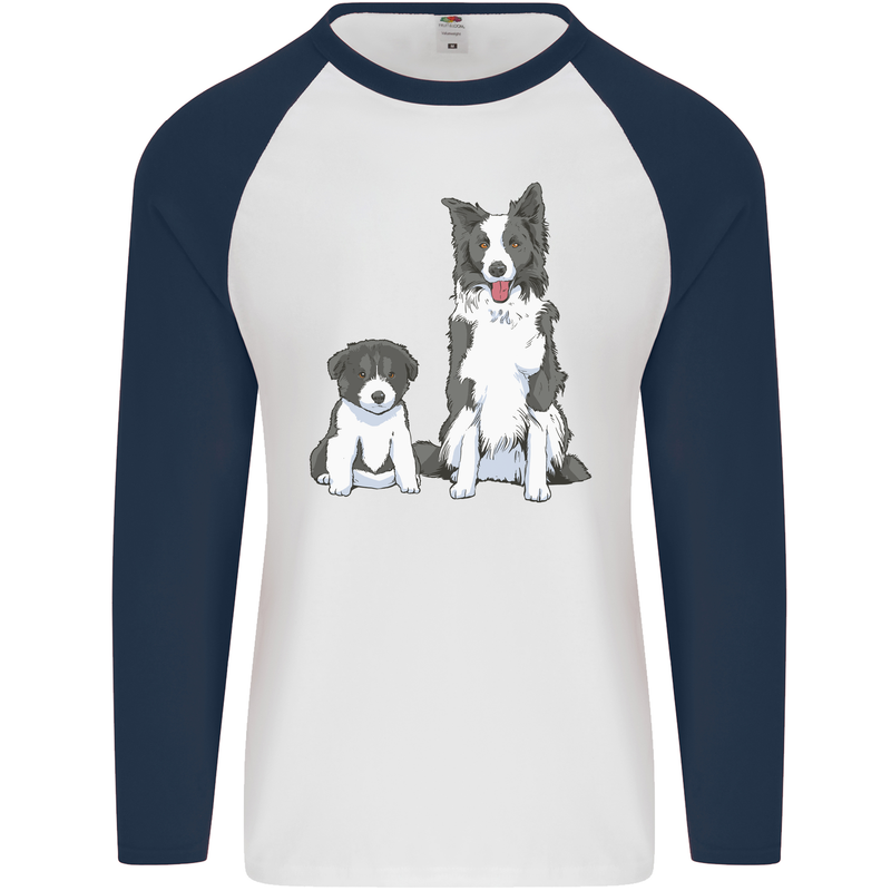A Border Collie and Puppy Mens L/S Baseball T-Shirt White/Navy Blue