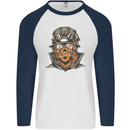 Steampunk Lion Mens L/S Baseball T-Shirt White/Navy Blue