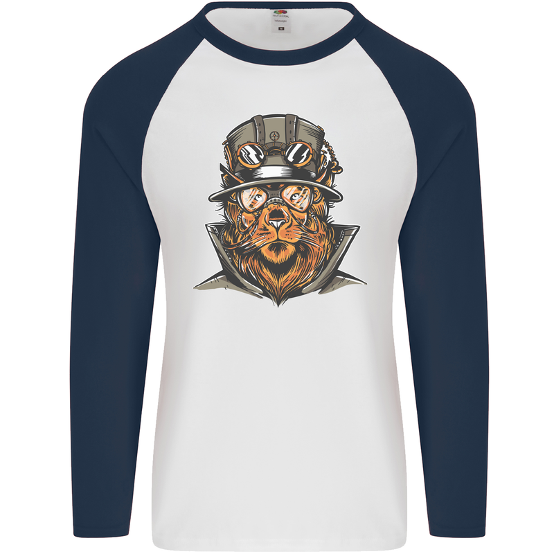 Steampunk Lion Mens L/S Baseball T-Shirt White/Navy Blue