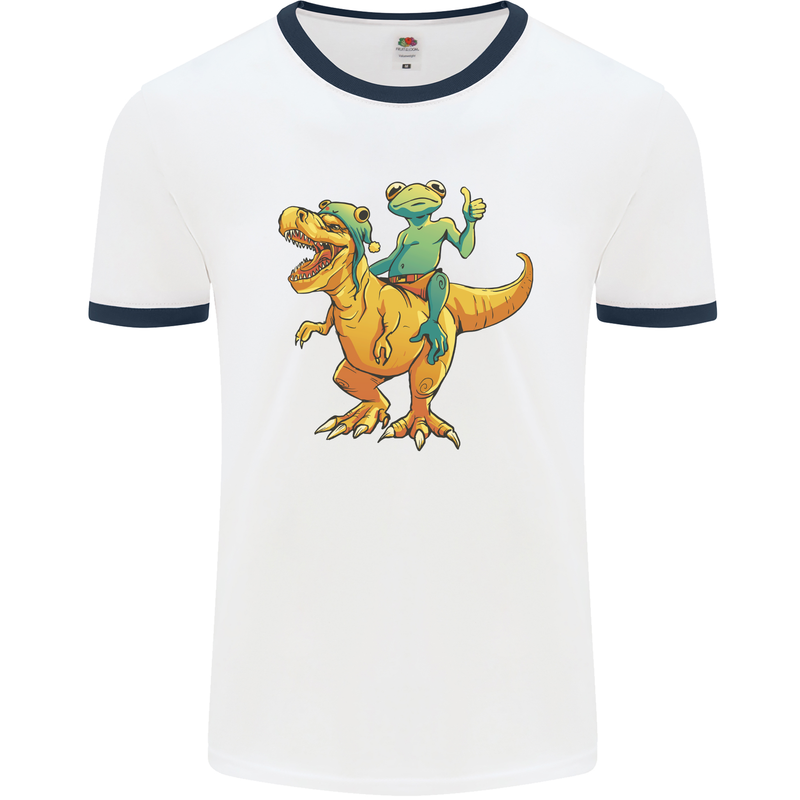 T-Rex and a Frog Dinosaur Mens Ringer T-Shirt White/Navy Blue