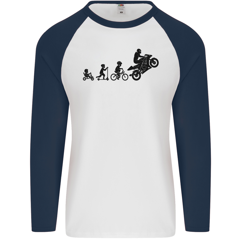 Motorbike Evolution Funny Biker Motorcycle Mens L/S Baseball T-Shirt White/Navy Blue