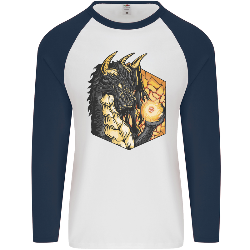 Dragon Dice RPG Role Playing Games Fantasy Mens L/S Baseball T-Shirt White/Navy Blue