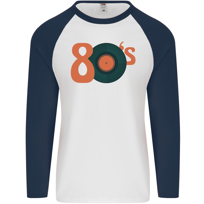 80s Music Vinyl Record Decks Turntable Mens L/S Baseball T-Shirt White/Navy Blue