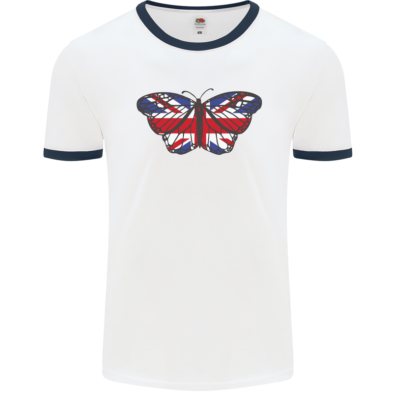 Union Jack Butterfly British Britain Flag Mens Ringer T-Shirt White/Navy Blue