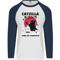 Catzilla Funny Cat Parody Mens L/S Baseball T-Shirt White/Navy Blue