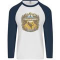 Dinosaur Abduction Aliens UFO T-Rex Mens L/S Baseball T-Shirt White/Navy Blue