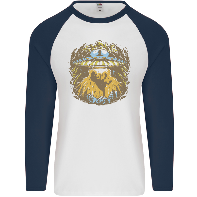 Dinosaur Abduction Aliens UFO T-Rex Mens L/S Baseball T-Shirt White/Navy Blue
