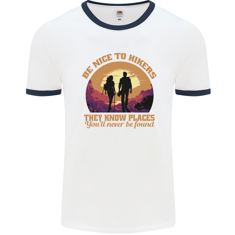 Be Nice to Hikers Funny Hiking Mountains Mens Ringer T-Shirt White/Navy Blue