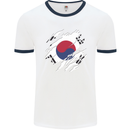 Torn South Korea Flag Korean Day Football Mens Ringer T-Shirt White/Navy Blue