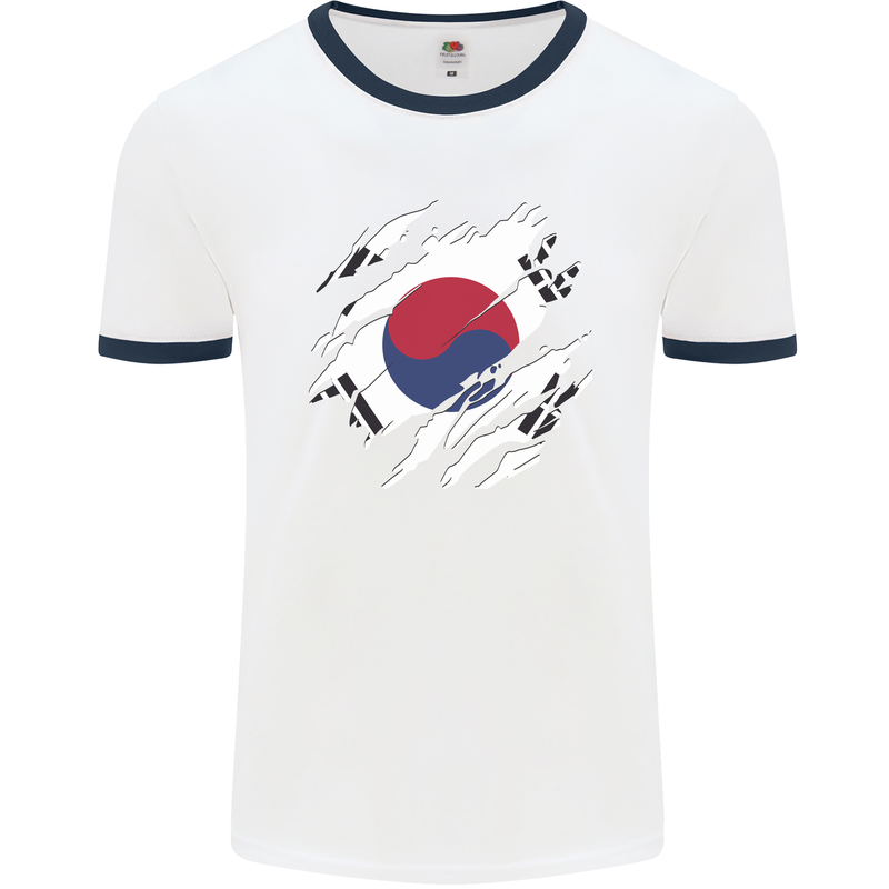 Torn South Korea Flag Korean Day Football Mens Ringer T-Shirt White/Navy Blue