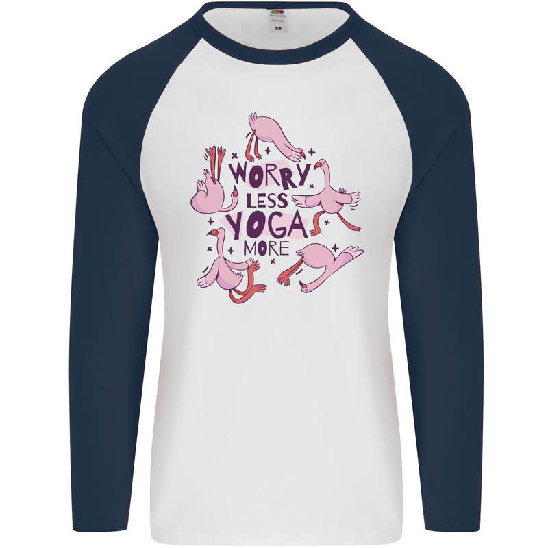 Worry Less Yoga More Mens L/S Baseball T-Shirt White/Navy Blue