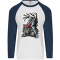 Graveyard Rock Guitar Skull Heavy Metal Mens L/S Baseball T-Shirt White/Navy Blue