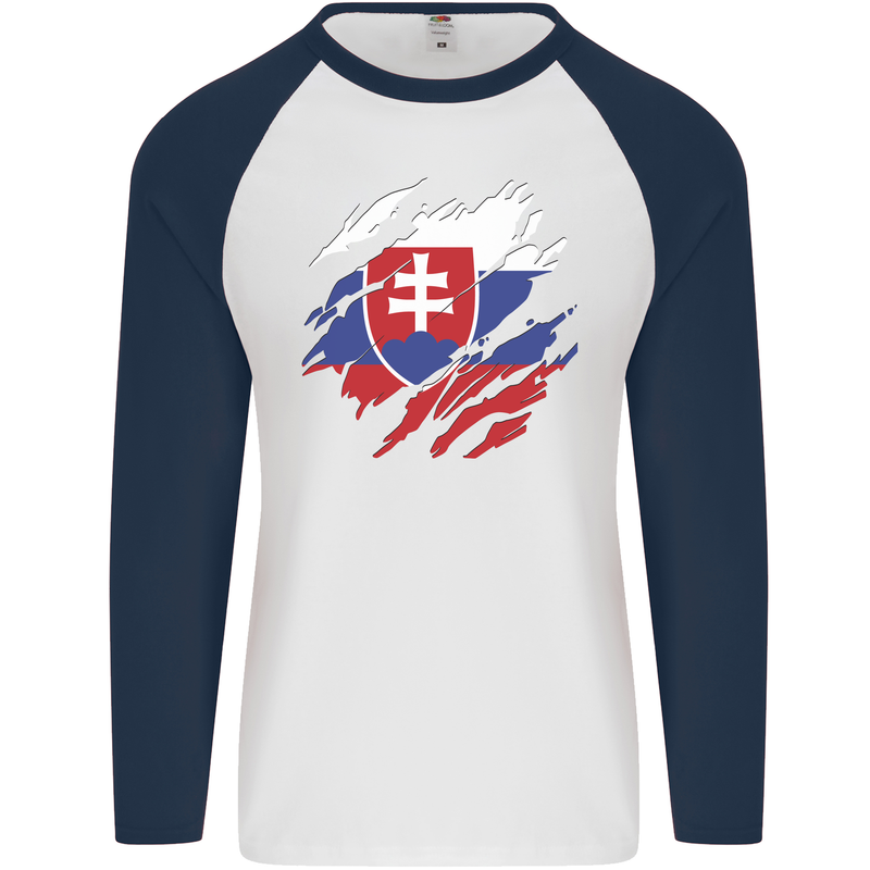 Torn Slovakia Flag Slovakia Day Football Mens L/S Baseball T-Shirt White/Navy Blue