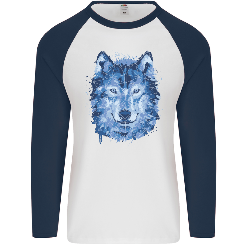 A Polygon Wolf Mens L/S Baseball T-Shirt White/Navy Blue