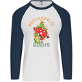 Psychedelic Roots Magic Mushrooms LSD Hippy Mens L/S Baseball T-Shirt White/Navy Blue