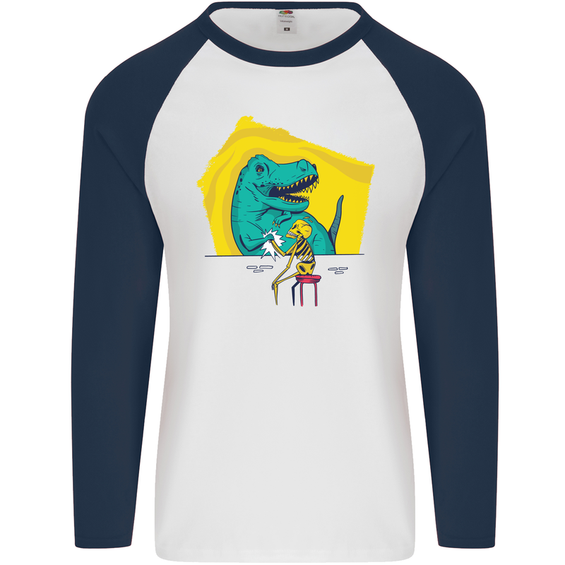 T-Rex Wrestling a Skeleton Dinosaurs Skull Mens L/S Baseball T-Shirt White/Navy Blue