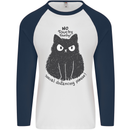 No Touchy Touchy Cat Mens L/S Baseball T-Shirt White/Navy Blue
