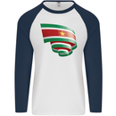 Curled Suriname Flag Suriname Day Football Mens L/S Baseball T-Shirt White/Navy Blue