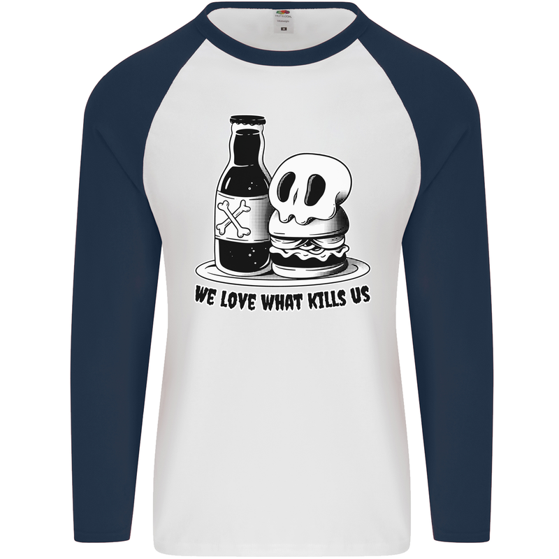 What We Love Kills Us Burger Food Skull Mens L/S Baseball T-Shirt White/Navy Blue