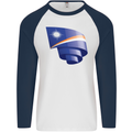 Curled Marshall Islands Flag Day Football Mens L/S Baseball T-Shirt White/Navy Blue