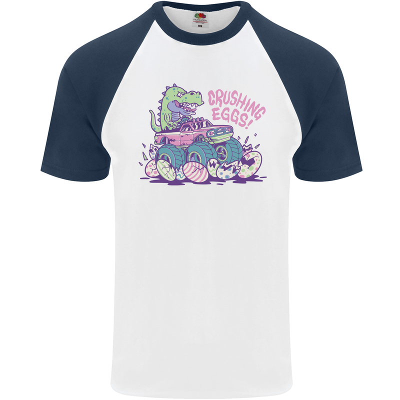 Crushing Eggs Easter T-Rex Dinosaur Monster Truck Mens S/S Baseball T-Shirt White/Navy Blue