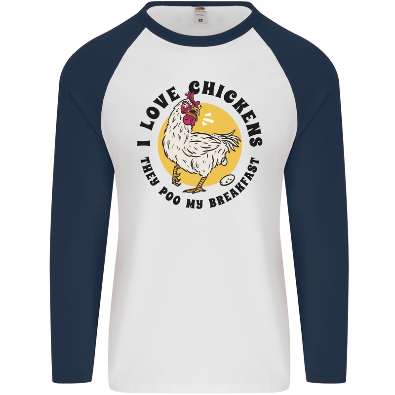 Chickens Poo My Breakfast Funny Food Eggs Mens L/S Baseball T-Shirt White/Navy Blue