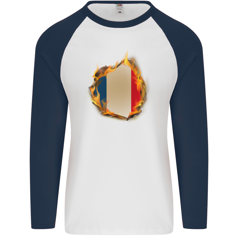 The French Tricolour Flag Fire France Mens L/S Baseball T-Shirt White/Navy Blue