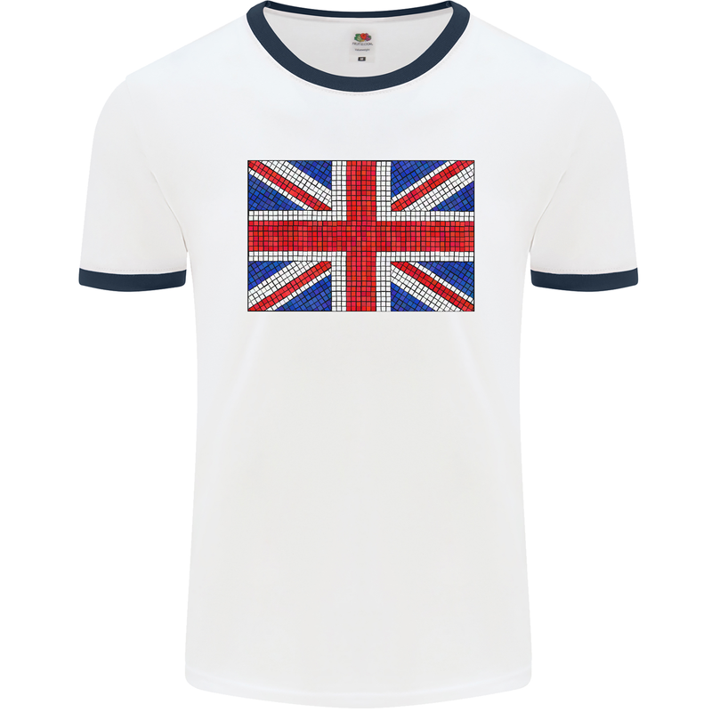 Mosaic Union Jack Flag Great Britain UK Mens Ringer T-Shirt White/Navy Blue