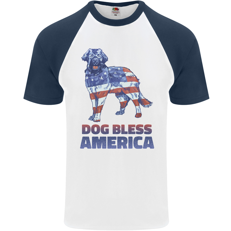 Dog Bless America USA Mens S/S Baseball T-Shirt White/Navy Blue