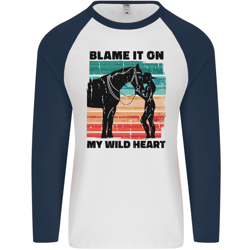 Equestrian Horse Riding My Wild Heart Mens L/S Baseball T-Shirt White/Navy Blue