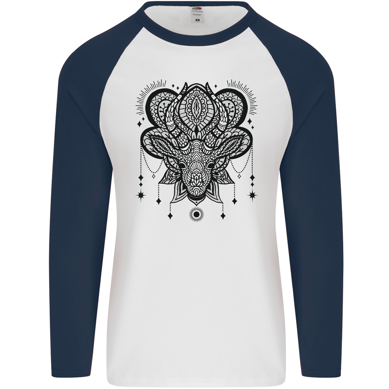 A Mandala Deer Mens L/S Baseball T-Shirt White/Navy Blue