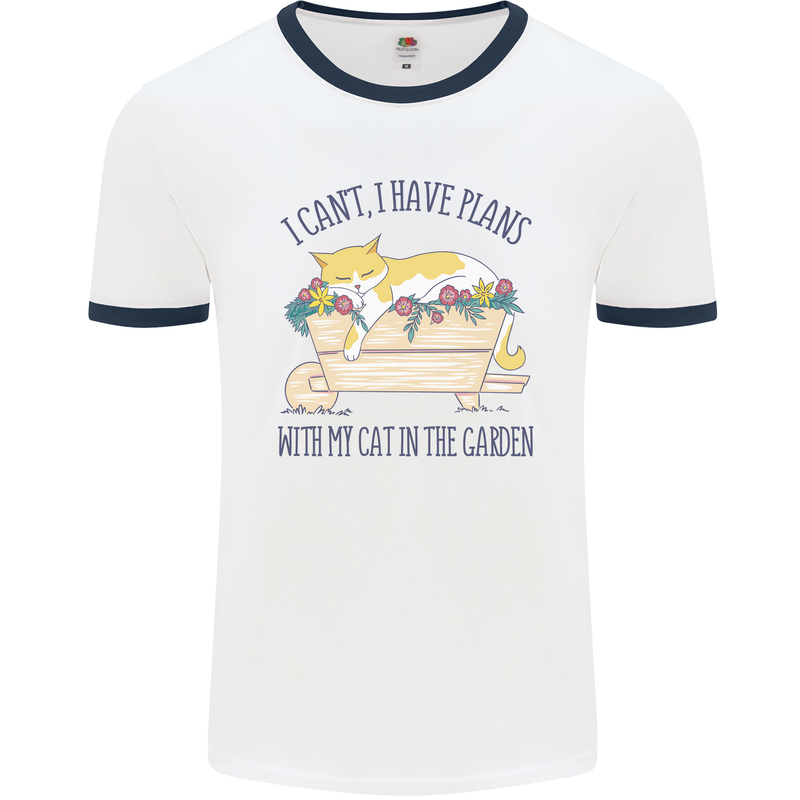 Plans With My Cat in the Garden Gardener Mens Ringer T-Shirt White/Navy Blue