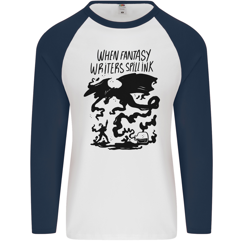 Fantasy Writer Author Novelist Dragons Mens L/S Baseball T-Shirt White/Navy Blue