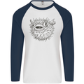 A Pufferfish Puffer Illustration Mens L/S Baseball T-Shirt White/Navy Blue