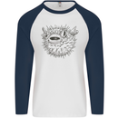 A Pufferfish Puffer Illustration Mens L/S Baseball T-Shirt White/Navy Blue