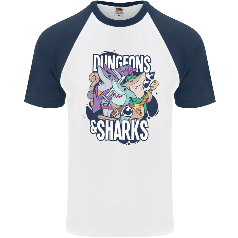 Dungeons & Sharks Role Play Games RPG Mens S/S Baseball T-Shirt White/Navy Blue