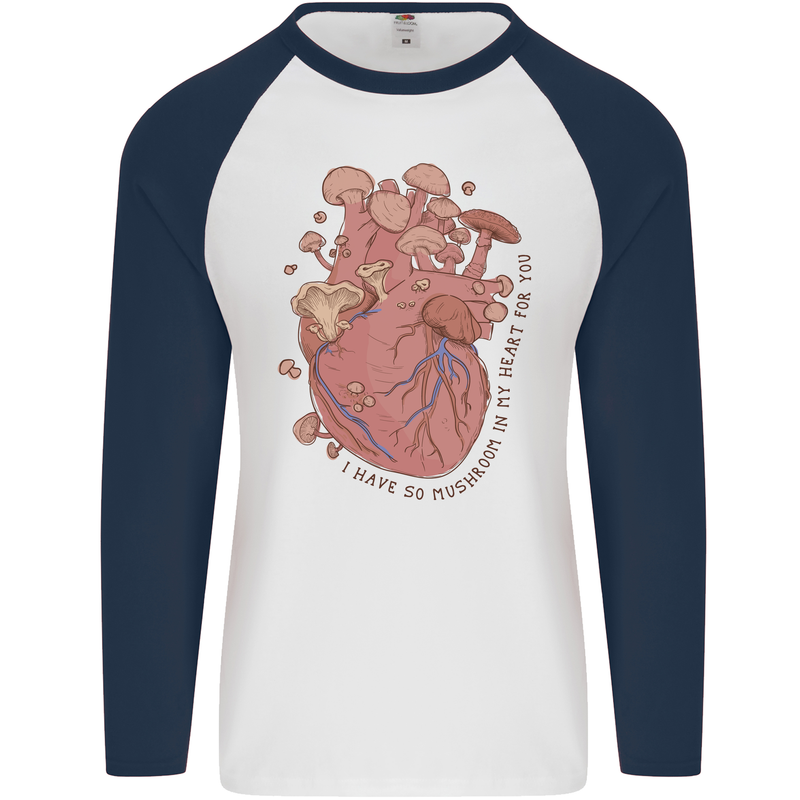 Mushroom Heart Foraging Mycology Mens L/S Baseball T-Shirt White/Navy Blue