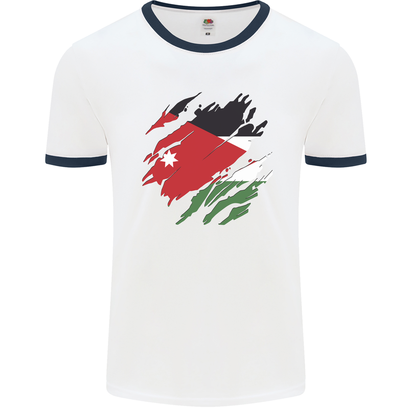 Torn Jordan Flag Jordanian Day Football Mens Ringer T-Shirt White/Navy Blue