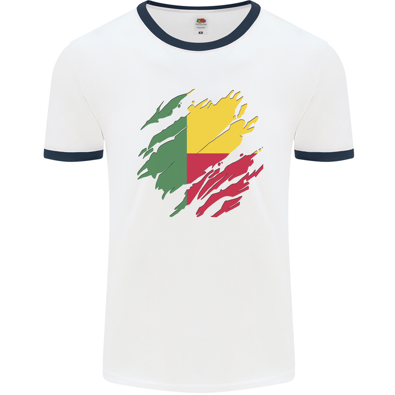 Torn Benin Flag Beninese Day Football Mens Ringer T-Shirt White/Navy Blue