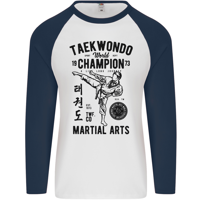 Taekwondo World Champion Martial Arts MMA Mens L/S Baseball T-Shirt White/Navy Blue