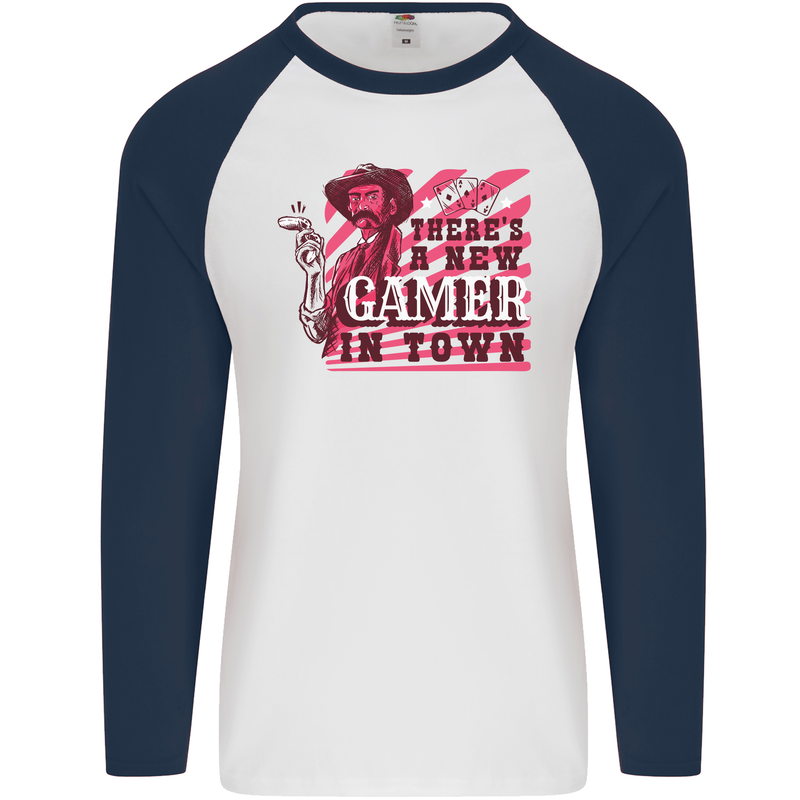 There's a New Gamer in Town Gaming Mens L/S Baseball T-Shirt White/Navy Blue