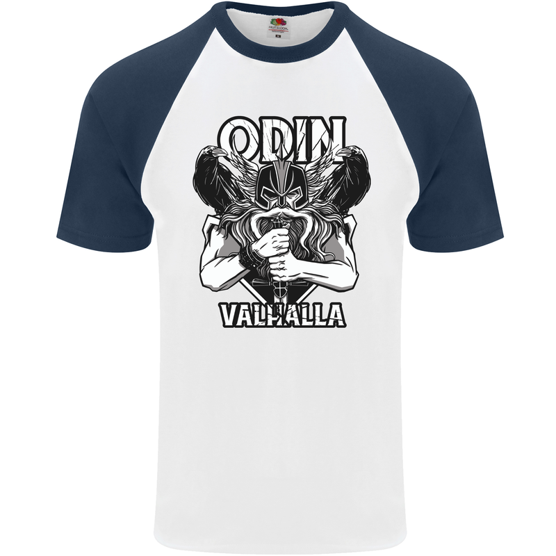 Odin Valhalla Viking Warrior Mens S/S Baseball T-Shirt White/Navy Blue