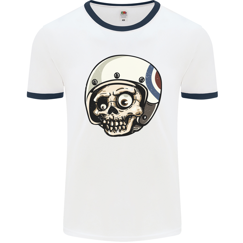 MOD Scooter Skull Motorcycle Biker Mens Ringer T-Shirt White/Navy Blue