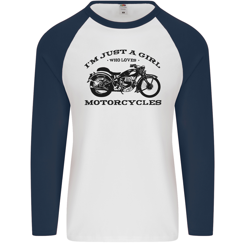 A Girl Who Loves Motorcycles Biker Mens L/S Baseball T-Shirt White/Navy Blue