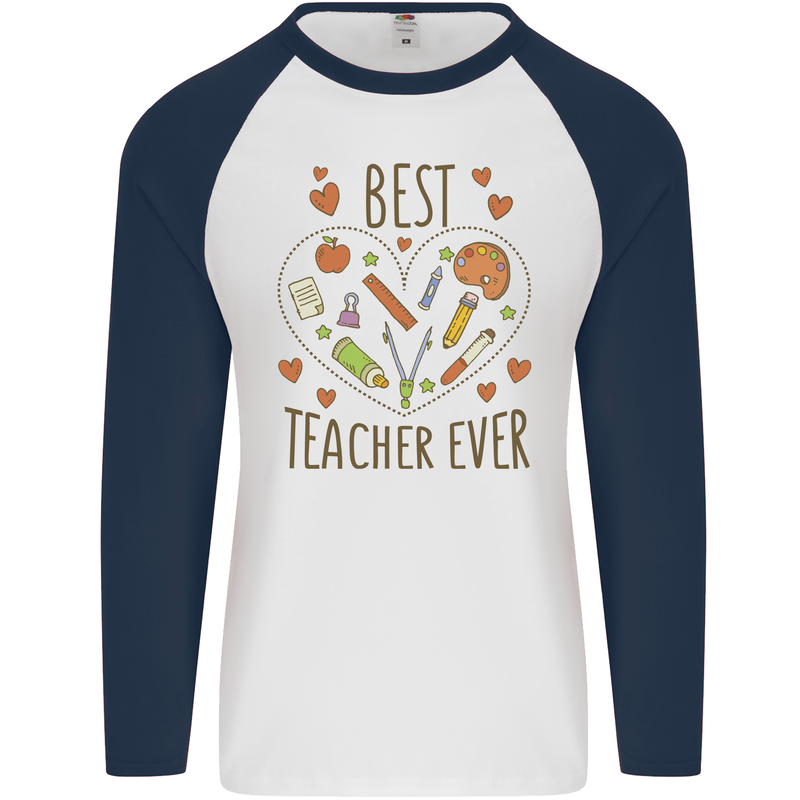 Best Teacher Ever Teaching Maths English Science Mens L/S Baseball T-Shirt White/Navy Blue