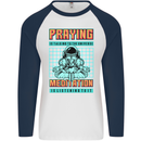Praying and Meditation Space Universe Yoga Mens L/S Baseball T-Shirt White/Navy Blue